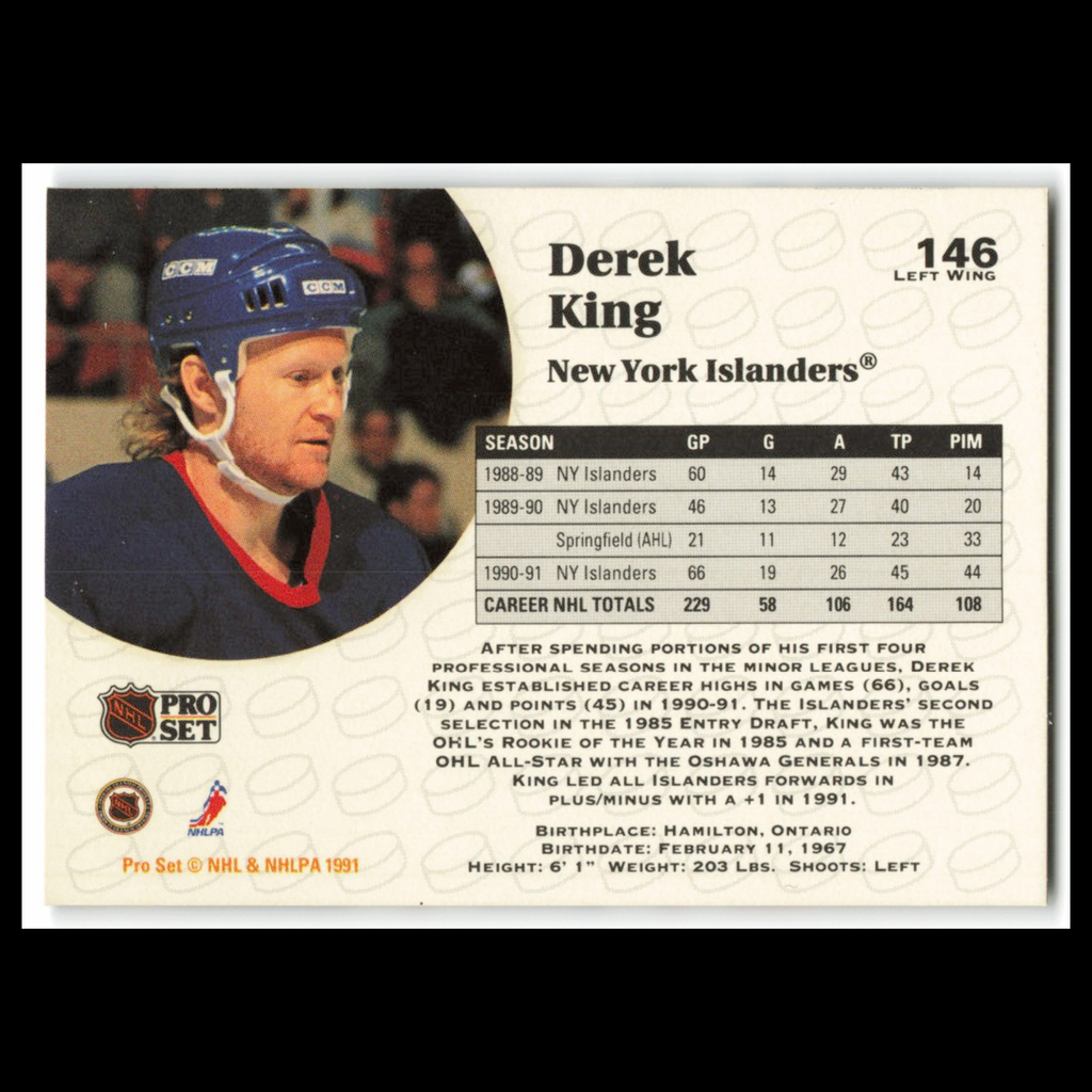 Derek King #146 1991 Pro Set New York Islanders Hockey Card NHL NM