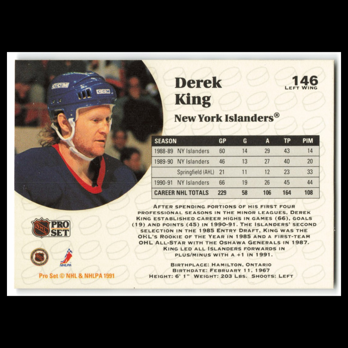Derek King #146 1991 Pro Set New York Islanders Hockey Card NHL NM