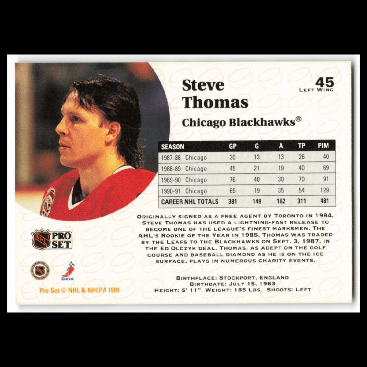Steve Thomas #45 1991 Pro Set Chicago Blackhawks Hockey Card NHL NM