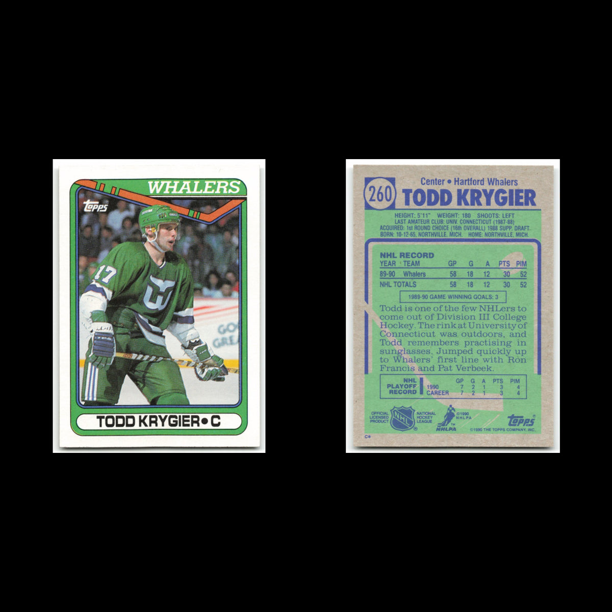 Todd Krygier #260 1990 Topps Hartford Whalers Hockey Card NHL NM