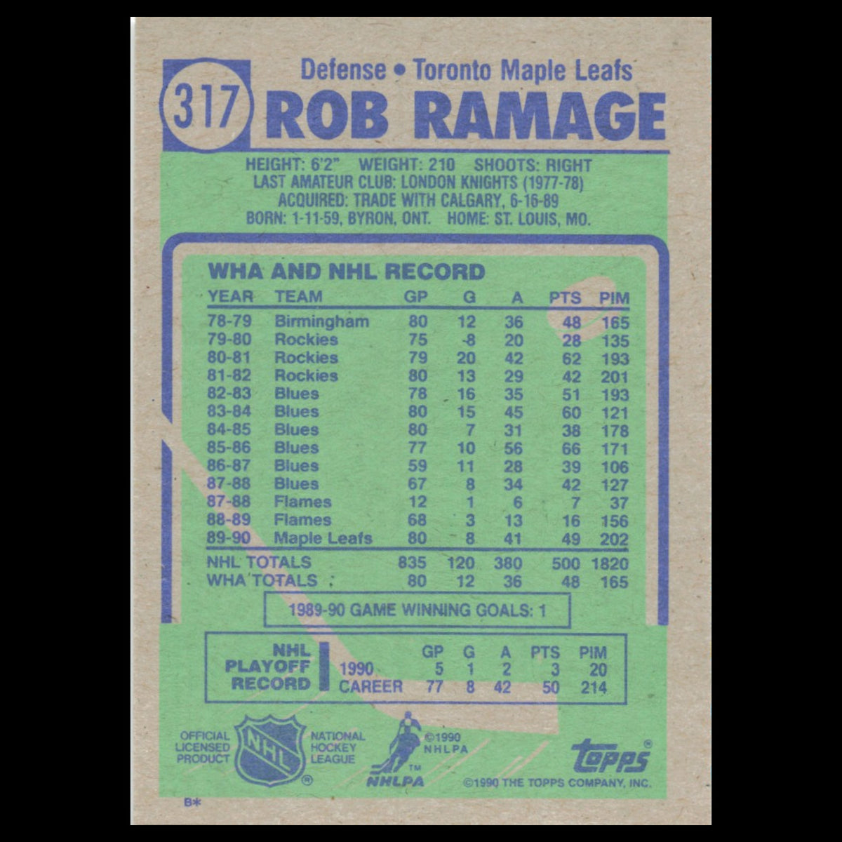 Rob Ramage #317 1990 Topps Toronto Maple Leafs Hockey Card NHL NM
