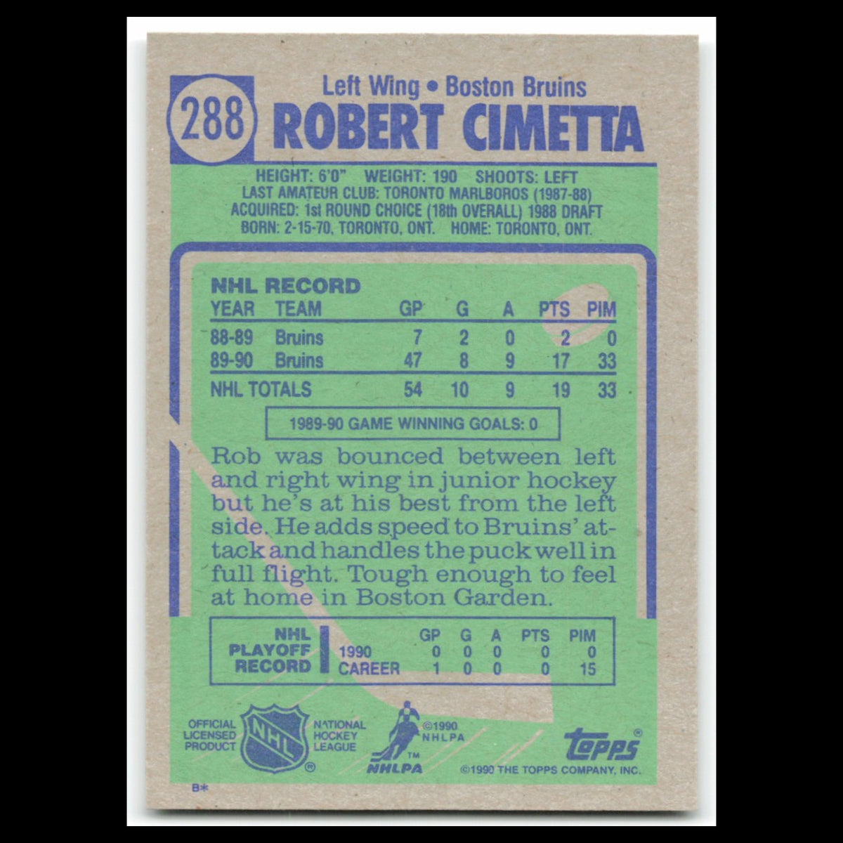 Robert Cimetta #288 1990 Topps Boston Bruins Hockey Card NHL NM