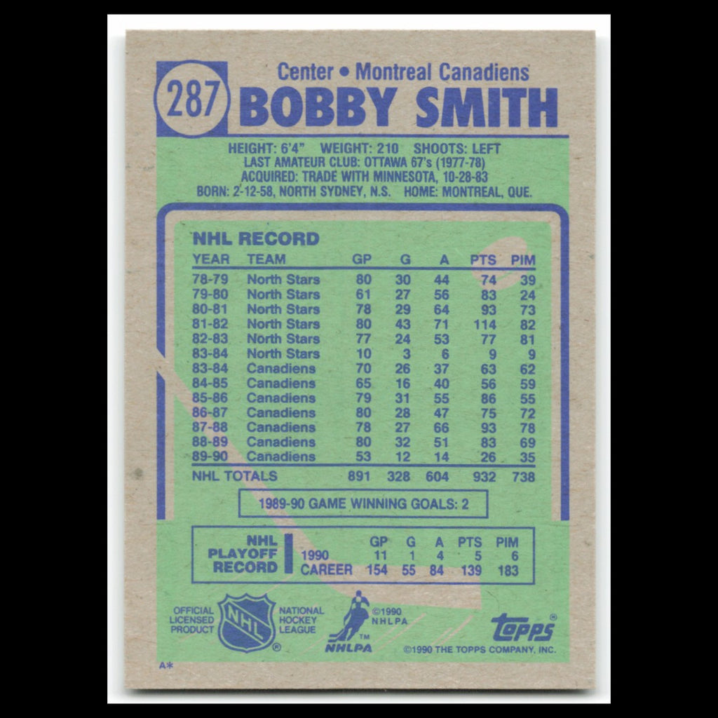 Bobby Smith #287 1990 Topps Montreal Canadiens Hockey Card NHL NM