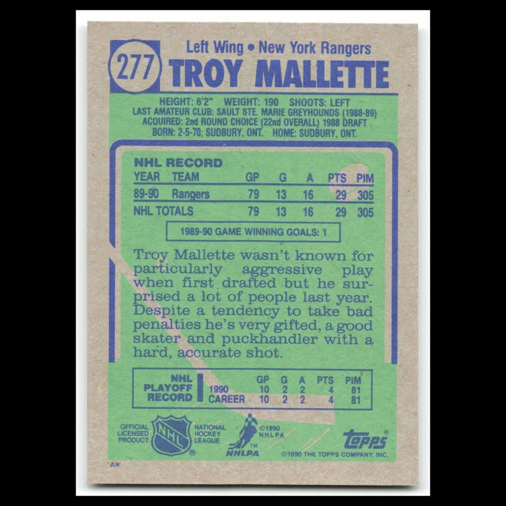 Troy Mallette #277 1990 Topps New York Rangers Hockey Card NHL NM