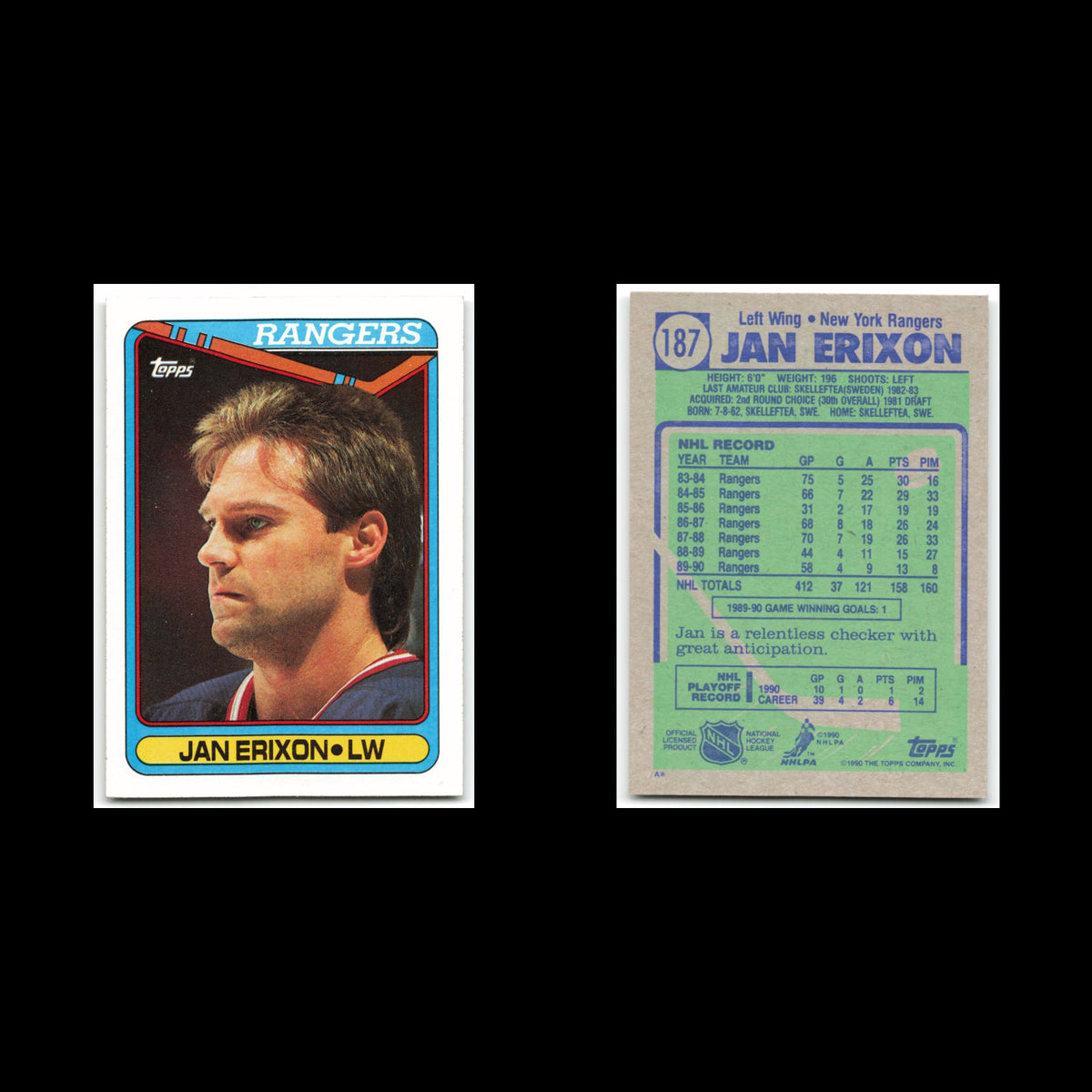 Jan Erixon #187 1990 Topps New York Rangers Hockey Card NHL NM