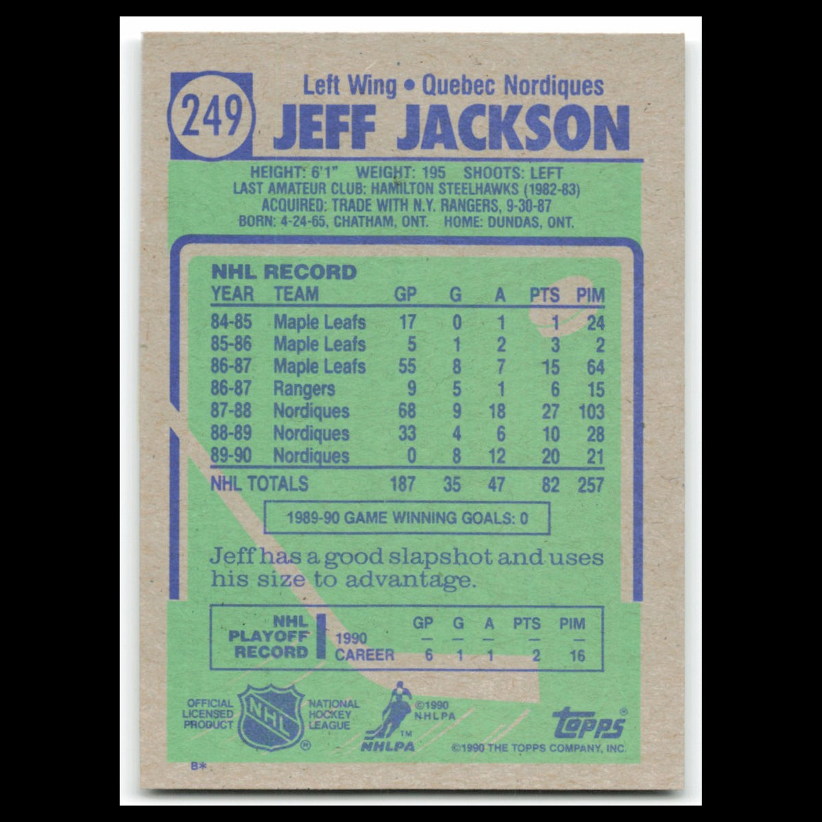 Jeff Jackson #249 1990 Topps Quebec Nordiques Hockey Card NHL NM