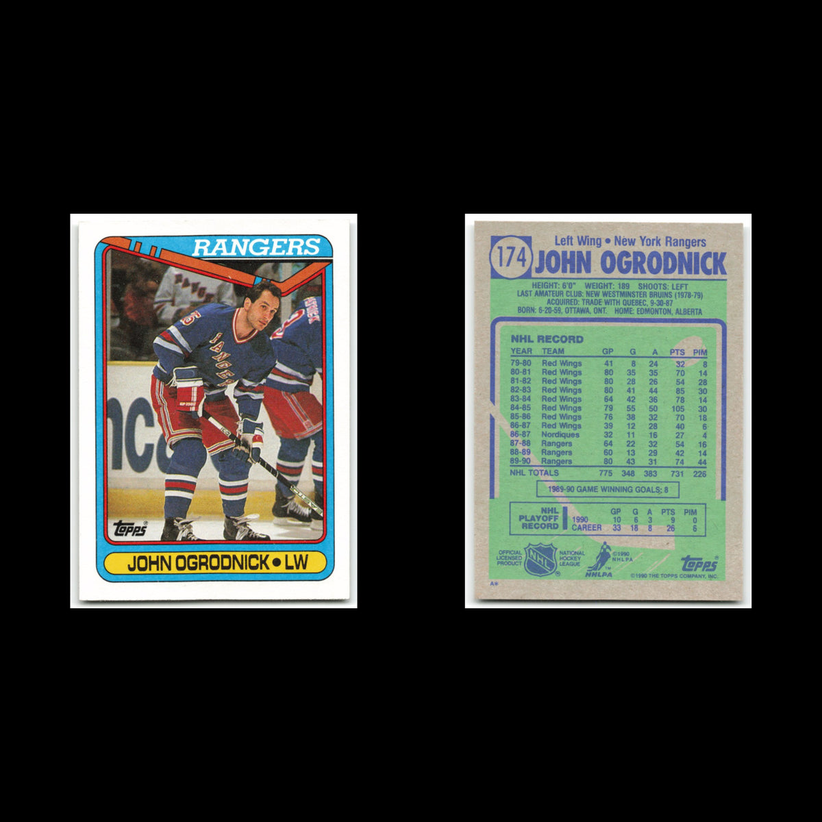 John Ogrodnick #174 1990 Topps New York Rangers Hockey Card NHL NM
