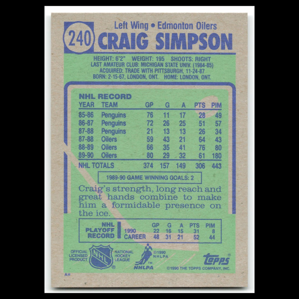 Craig Simpson #240 1990 Topps Edmonton Oilers Hockey Card NHL NM