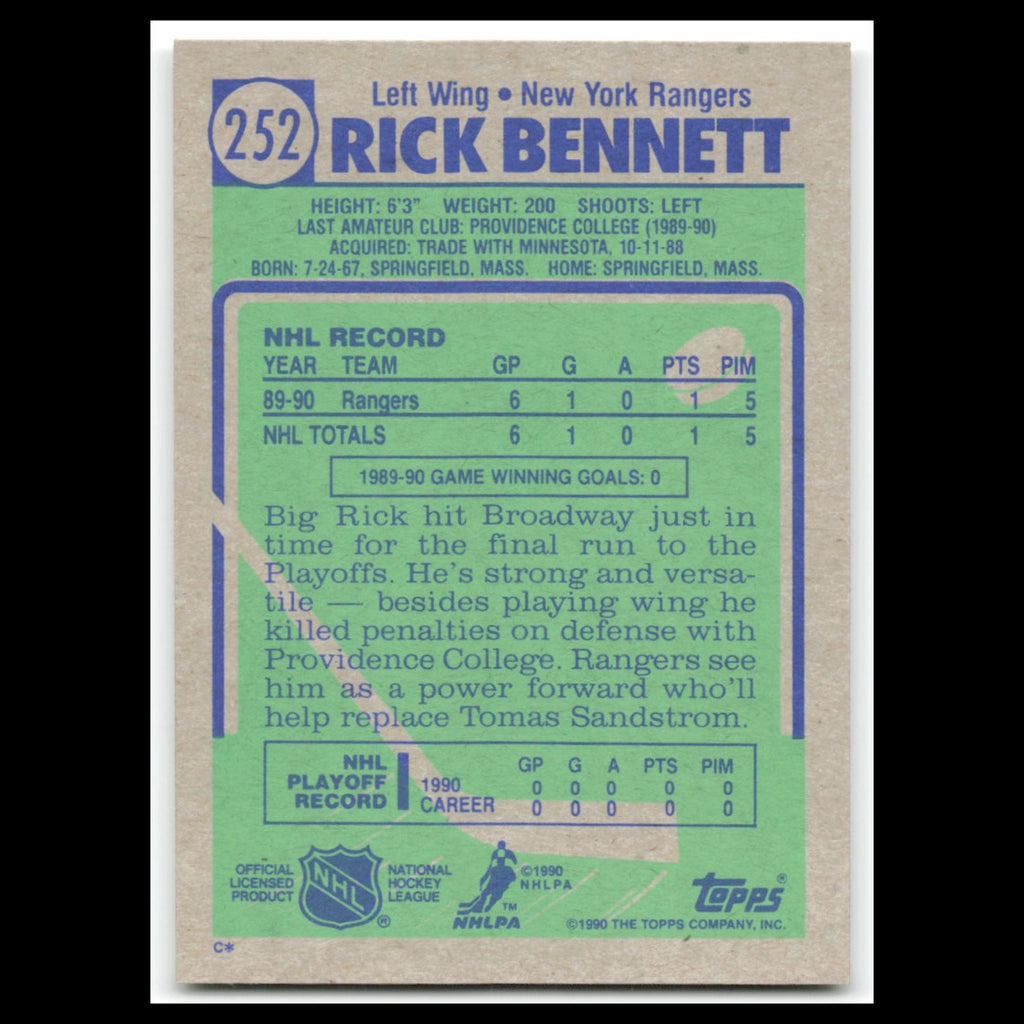 Rick Bennett Rookie #252 1990 Topps New York Rangers Hockey Card NHL NM