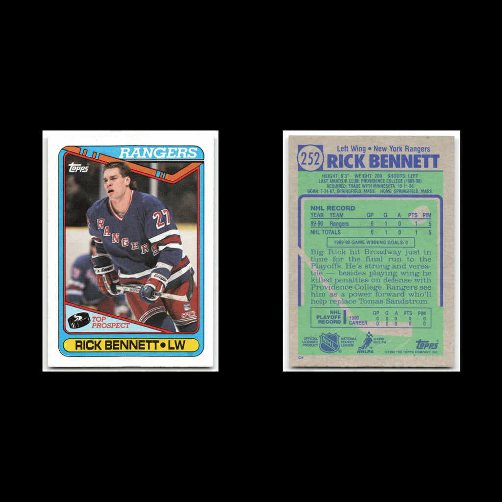 Rick Bennett Rookie #252 1990 Topps New York Rangers Hockey Card NHL NM