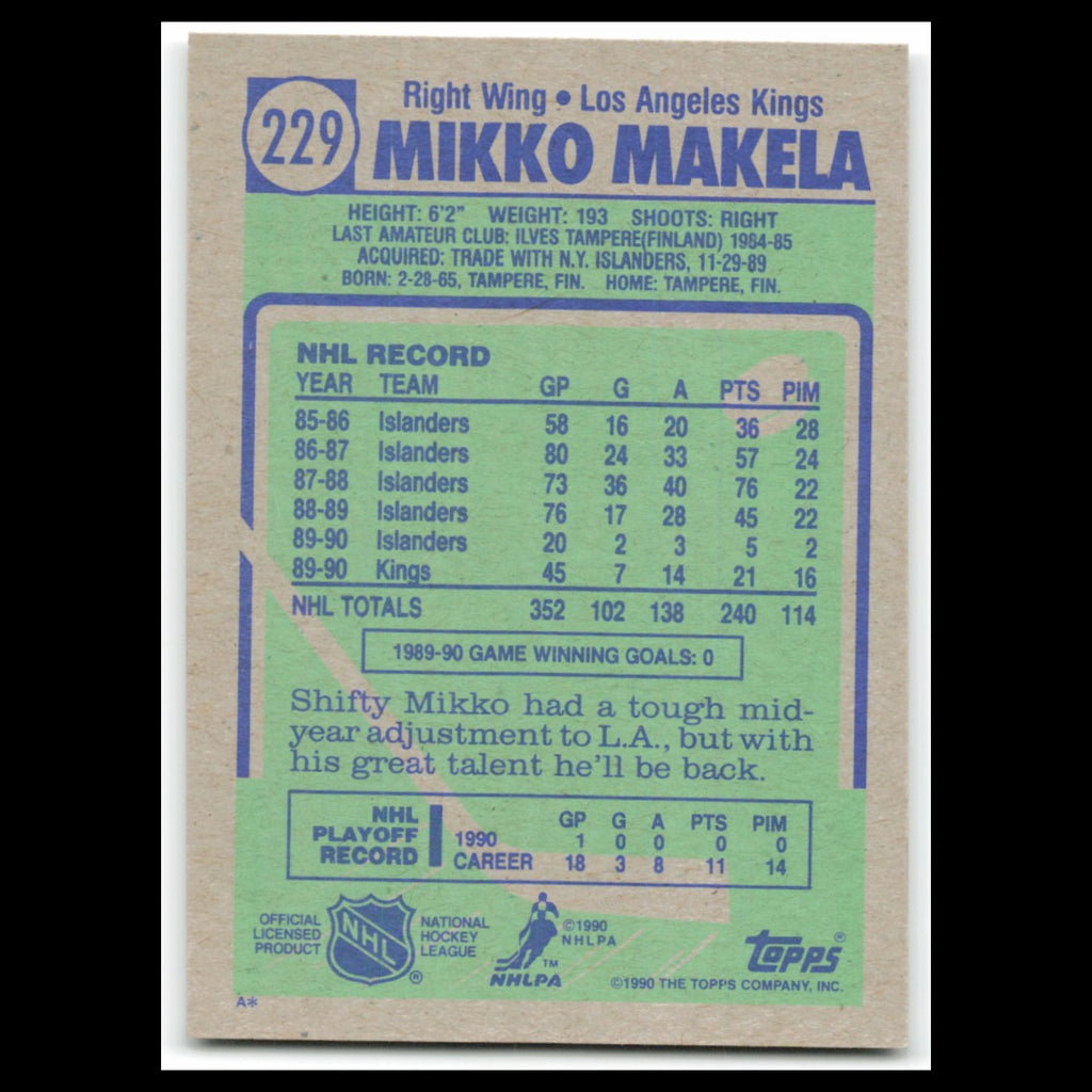Mikko Makela #229 1990 Topps Los Angeles Kings Hockey Card NHL NM