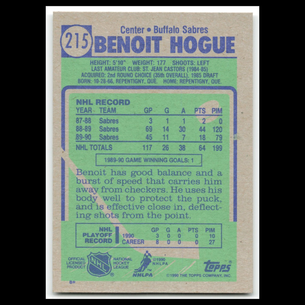 Benoit Hogue #215 1990 Topps Buffalo Sabres Hockey Card NHL NM