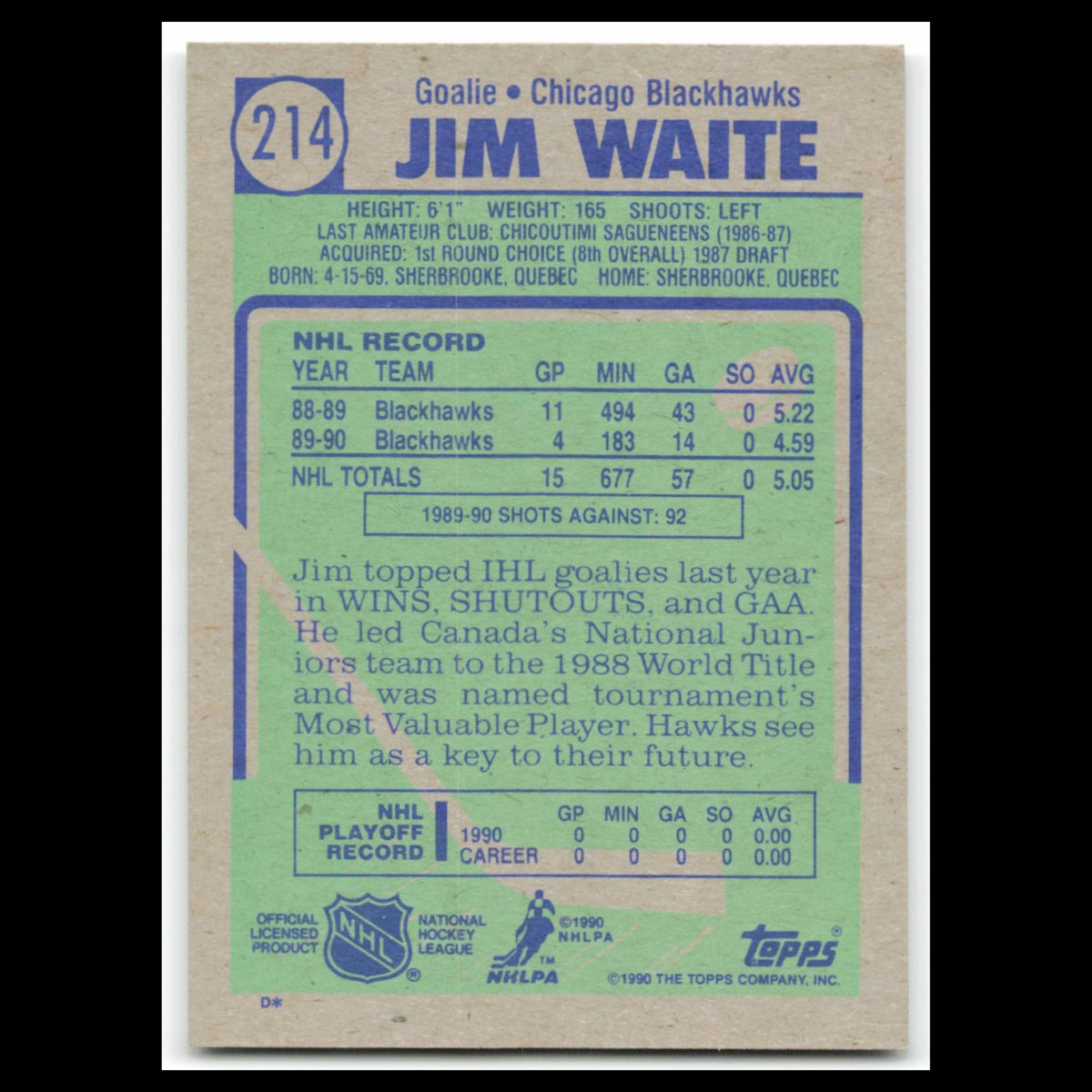Jimmy Waite Rookie #214 1990 Topps Chicago Blackhawks Hockey Card NHL NM