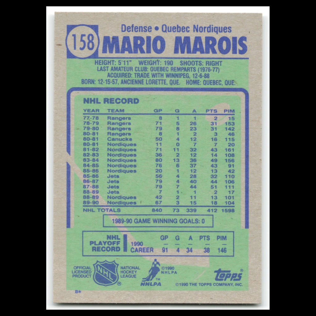Mario Marois #158 1990 Topps Quebec Nordiques Hockey Card NHL NM