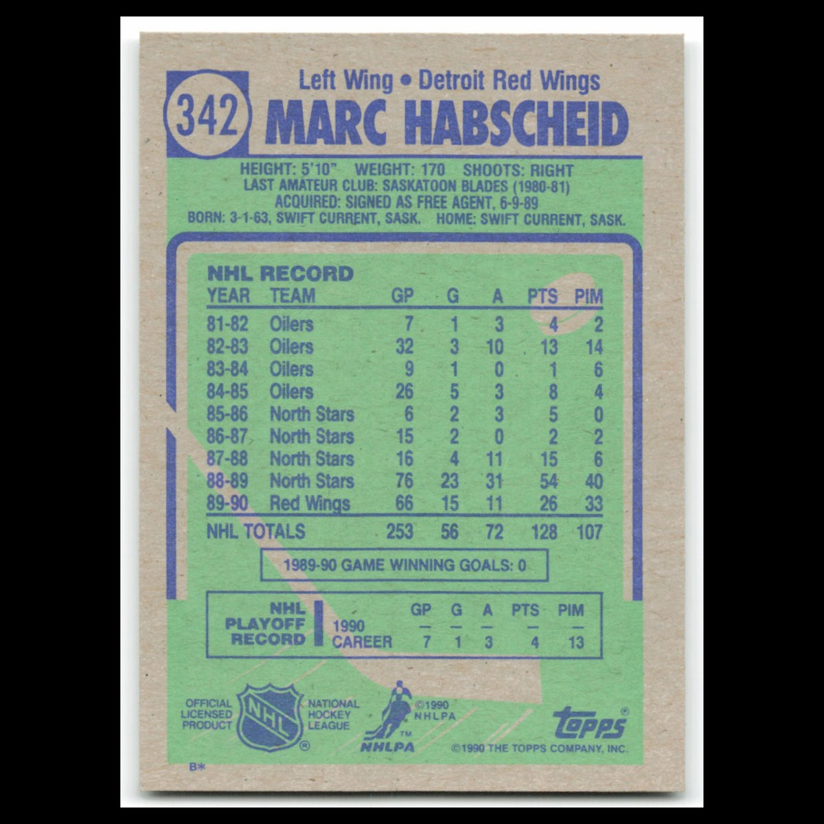 Marc Habscheid #342 1990 Topps Detroit Red Wings Hockey Card NHL NM