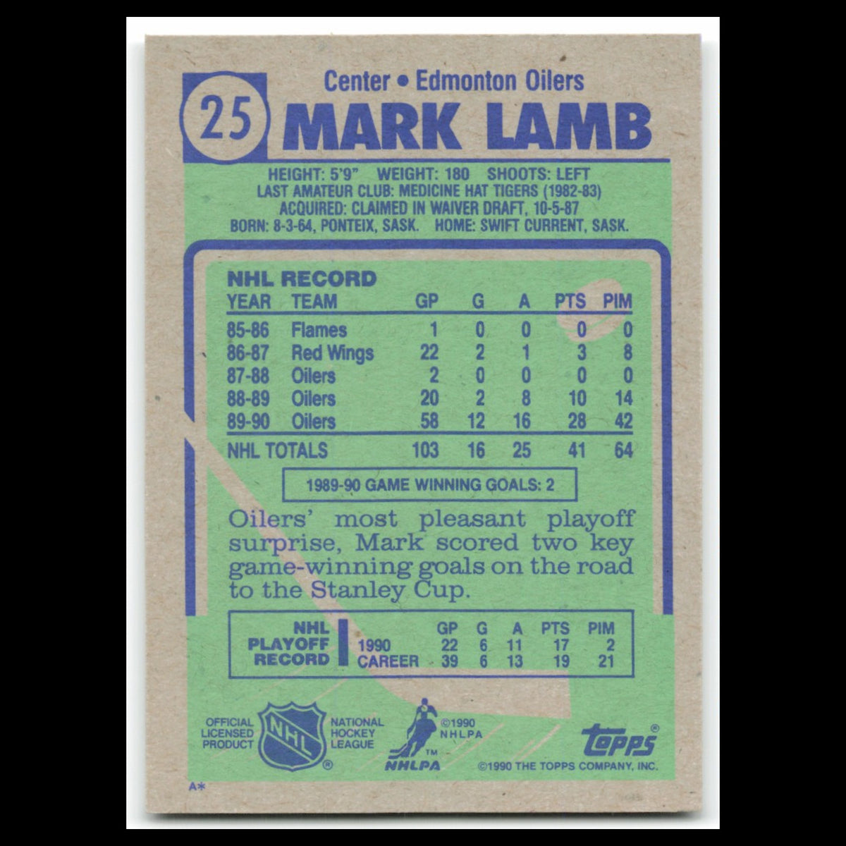 Mark Lamb Rookie #25 1990 Topps Edmonton Oilers Hockey Card NHL NM