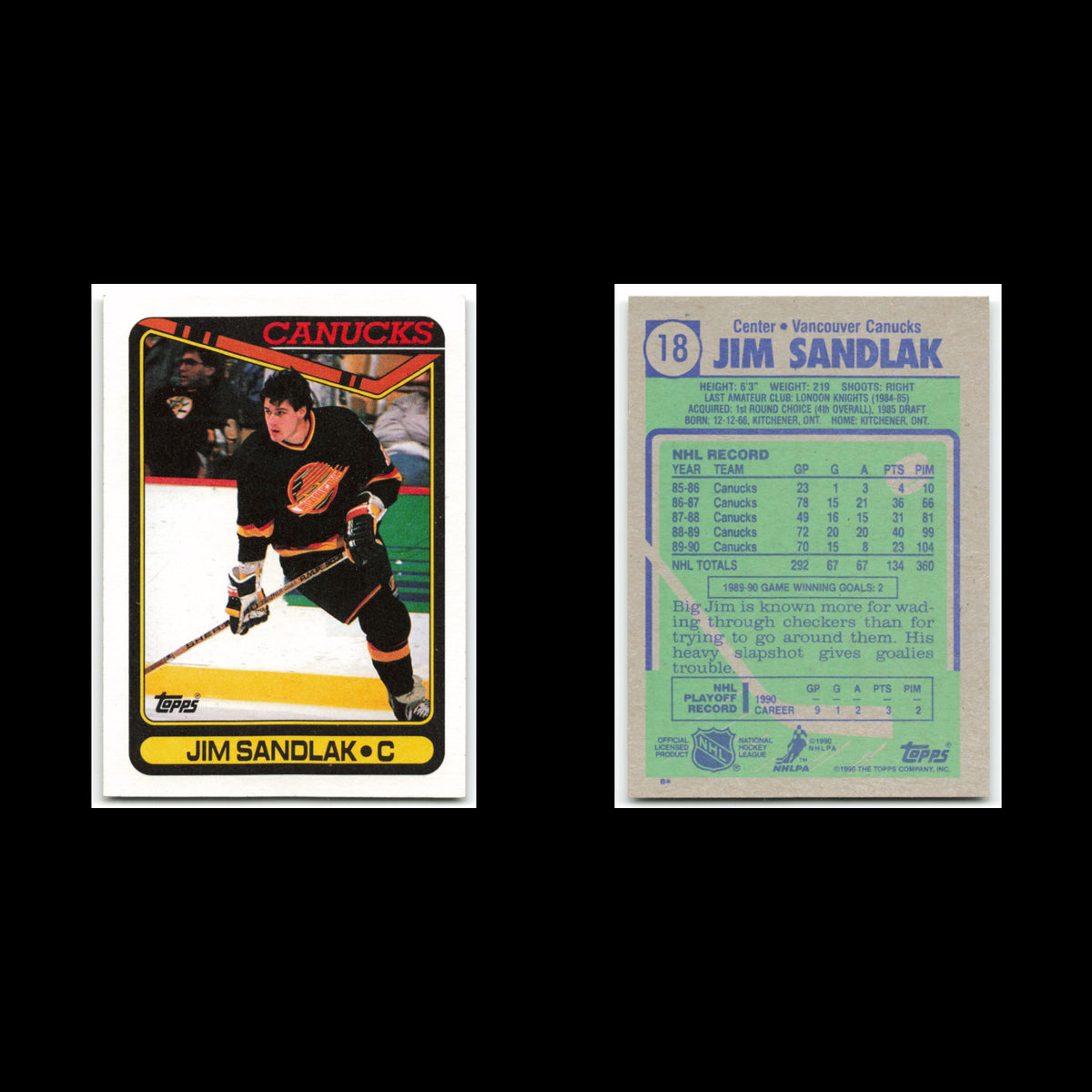 Jim Sandlak #18 1990 Topps Vancouver Canucks Hockey Card NHL NM