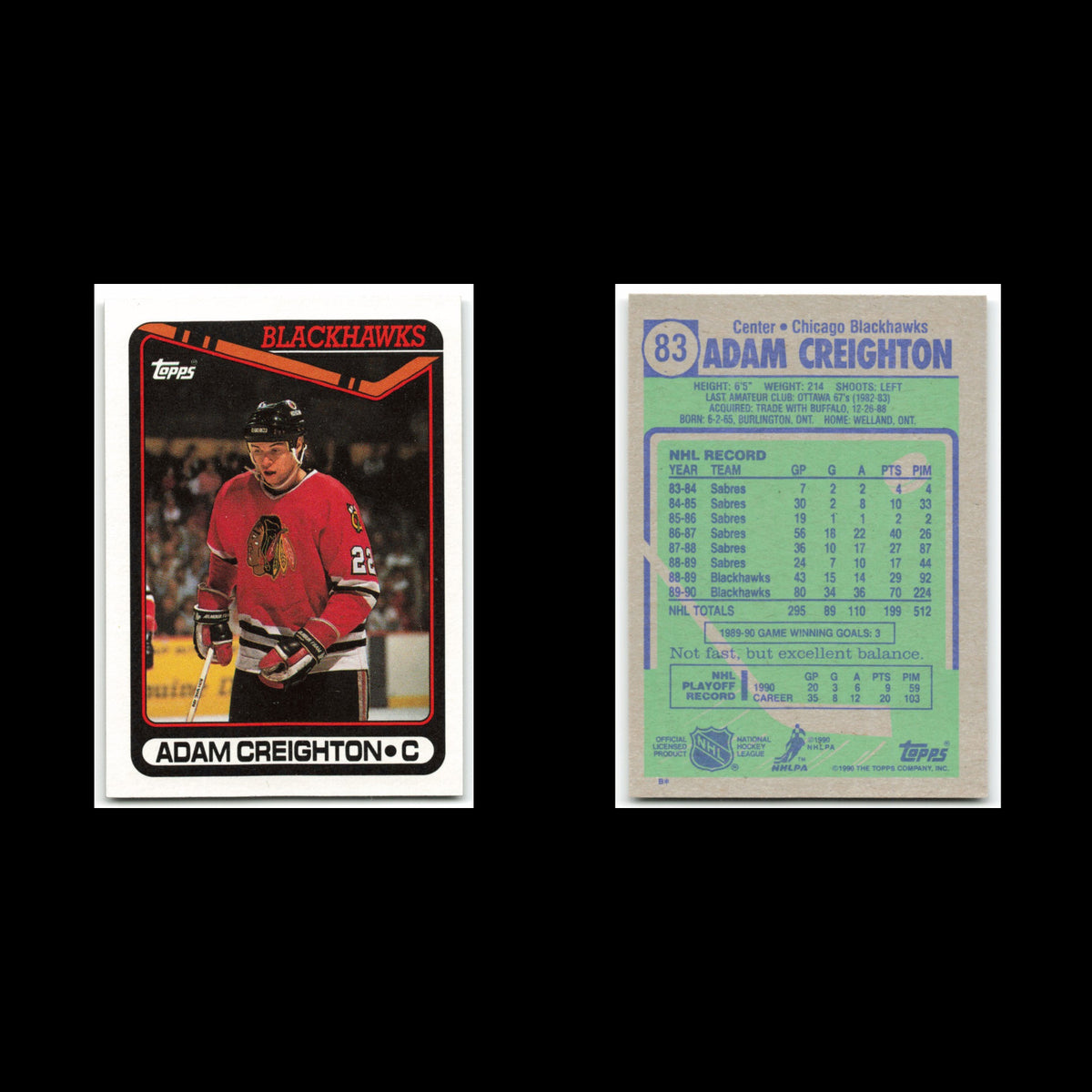 Adam Creighton #83 1990 Topps Chicago Blackhawks Hockey Card NHL NM