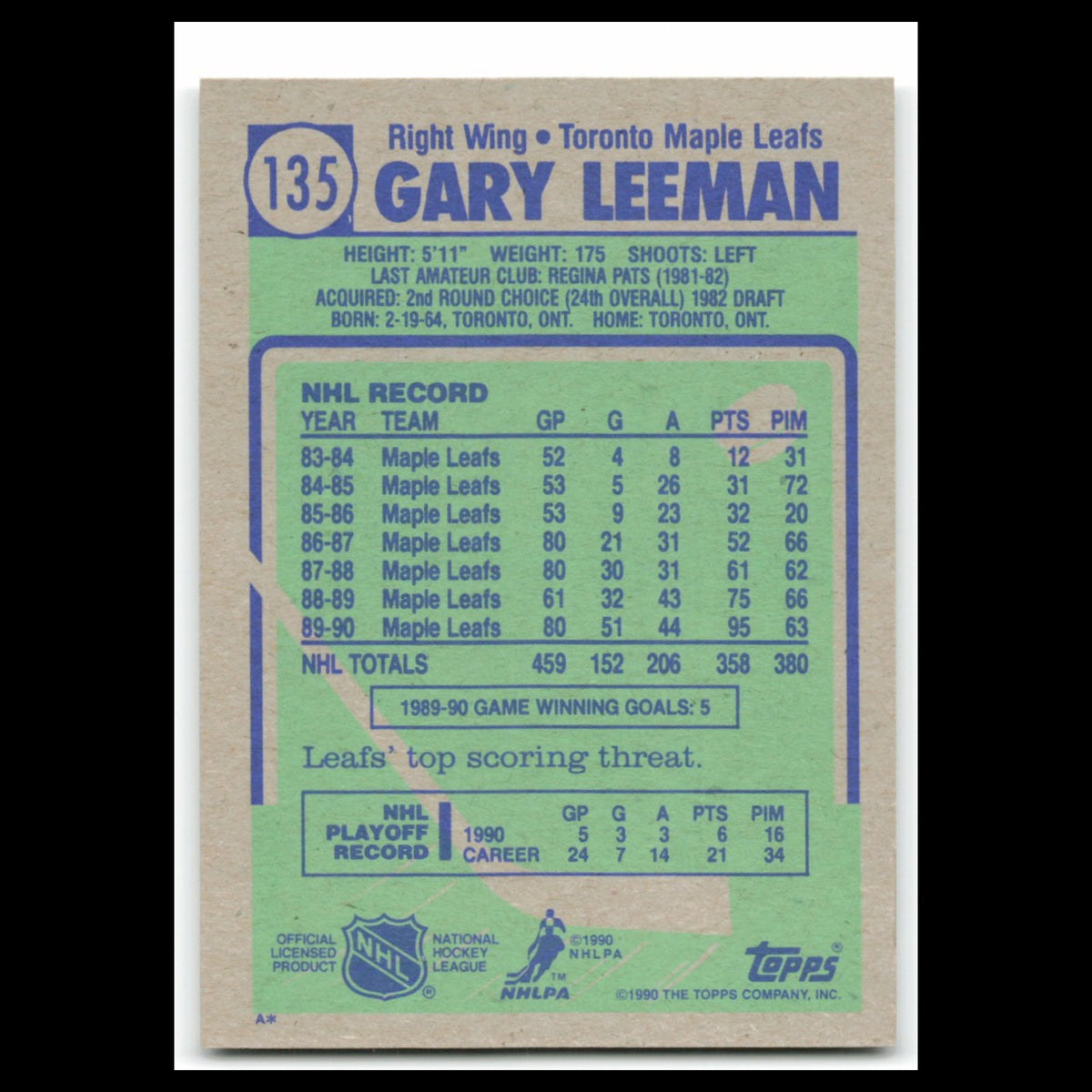 Gary Leeman #135 1990 Topps Toronto Maple Leafs Hockey Card NHL NM