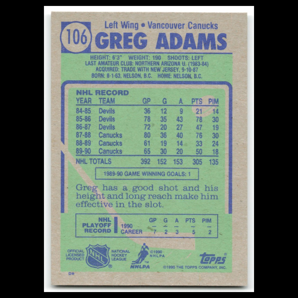 Greg Adams #106 1990 Topps Vancouver Canucks Hockey Card NHL NM