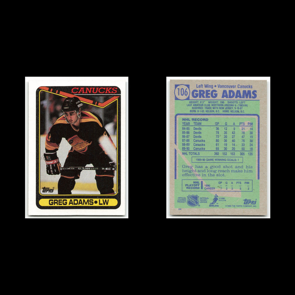 Greg Adams #106 1990 Topps Vancouver Canucks Hockey Card NHL NM