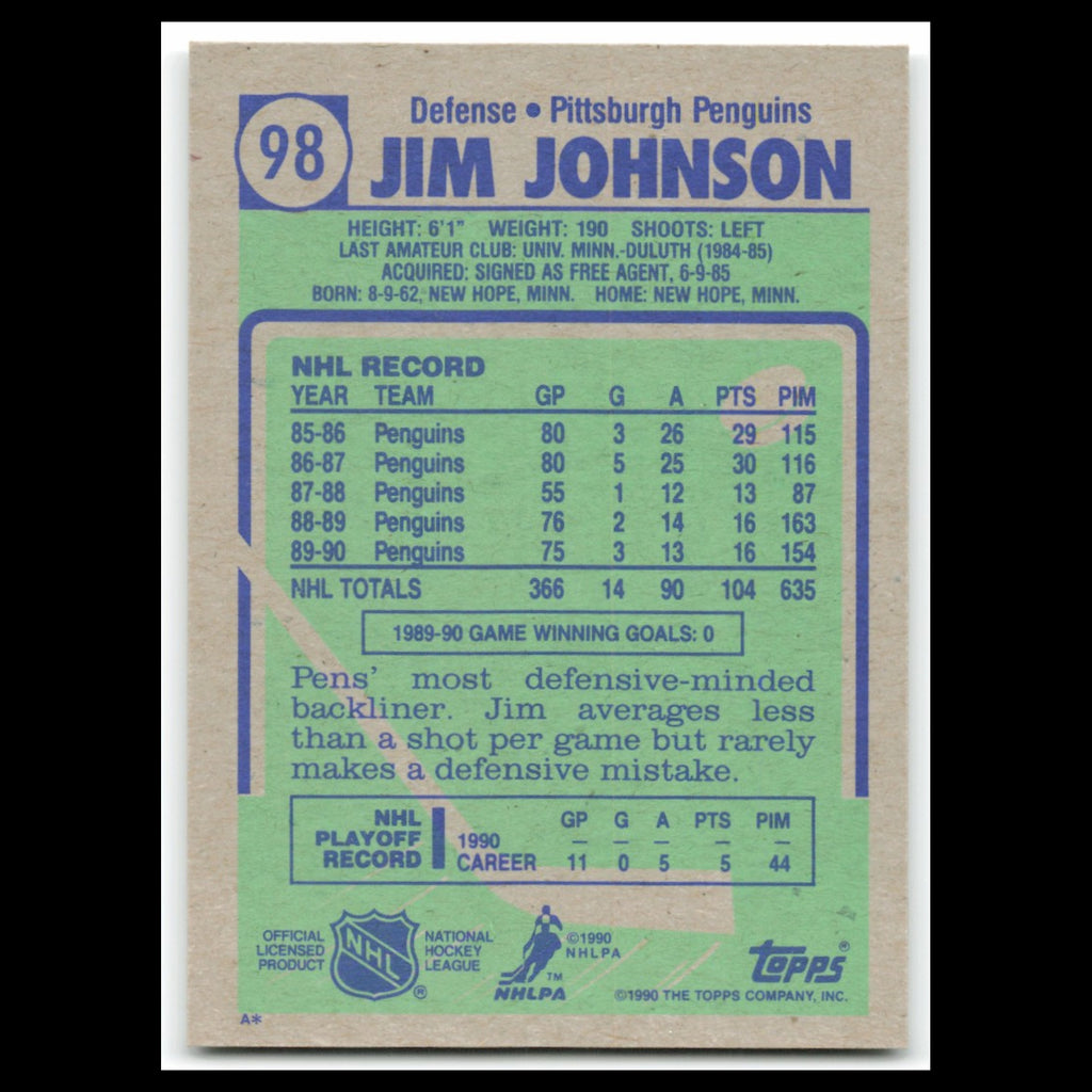 Jim Johnson #98 1990 Topps Pittsburgh Penguins Hockey Card NHL NM