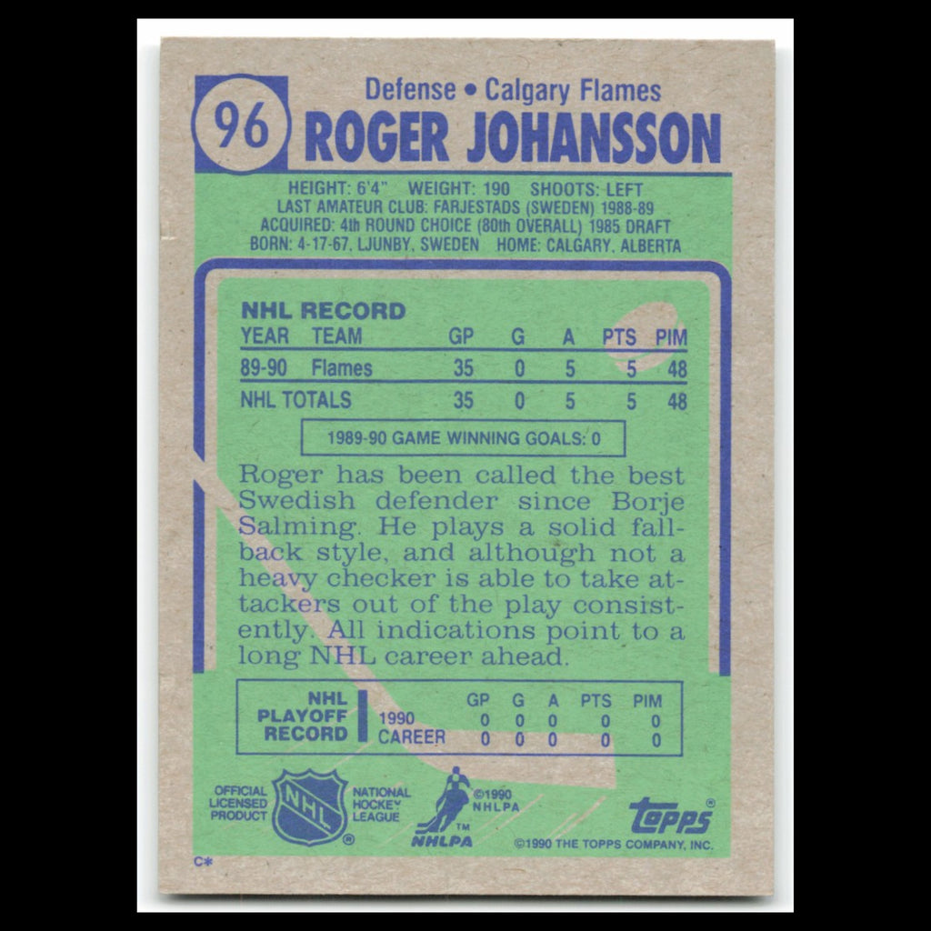 Roger Johansson Rookie #96 1990 Topps Calgary Flames Hockey Card NHL NM
