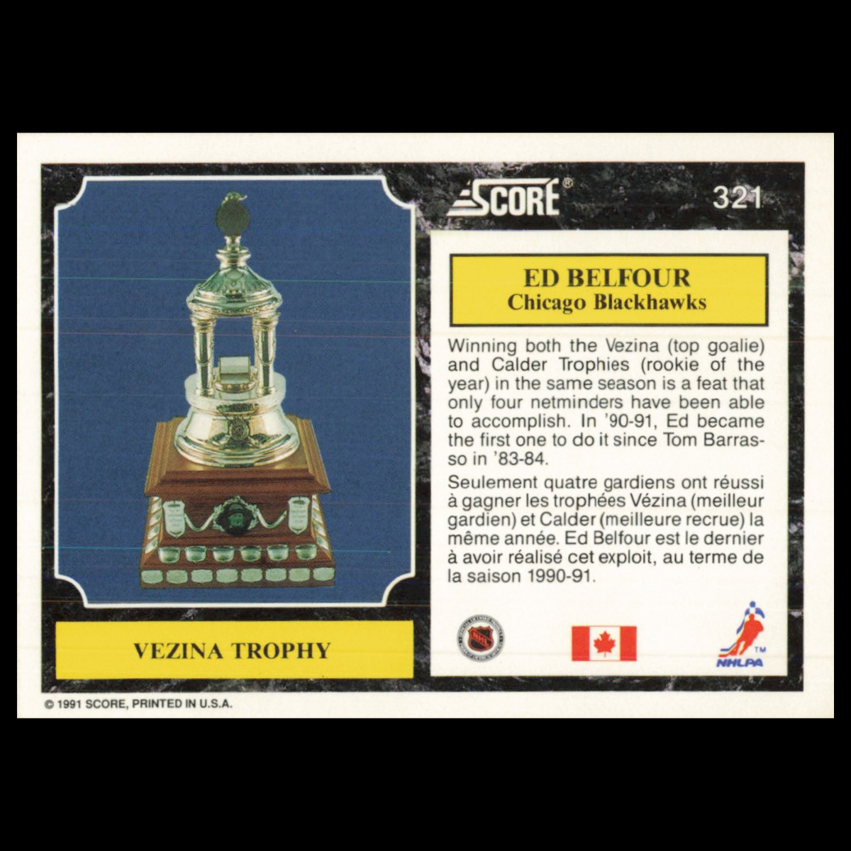 Ed Belfour #321 1991 Score Canadian Chicago Blackhawks Hockey Card NHL NM