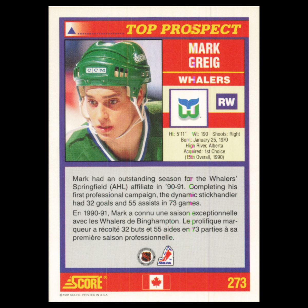 Mark Greig Rookie #273 1991 Score Canadian Hartford Whalers Hockey Card NHL NM