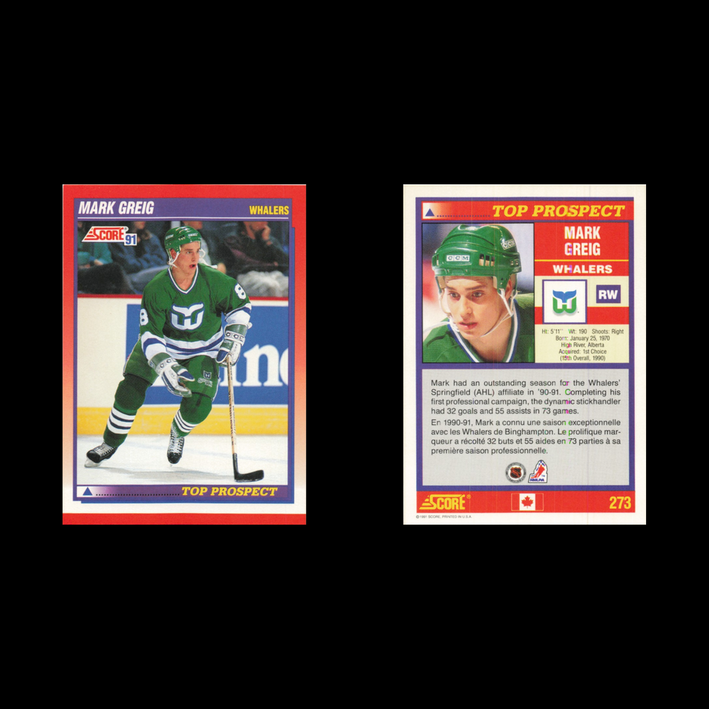 Mark Greig Rookie #273 1991 Score Canadian Hartford Whalers Hockey Card NHL NM