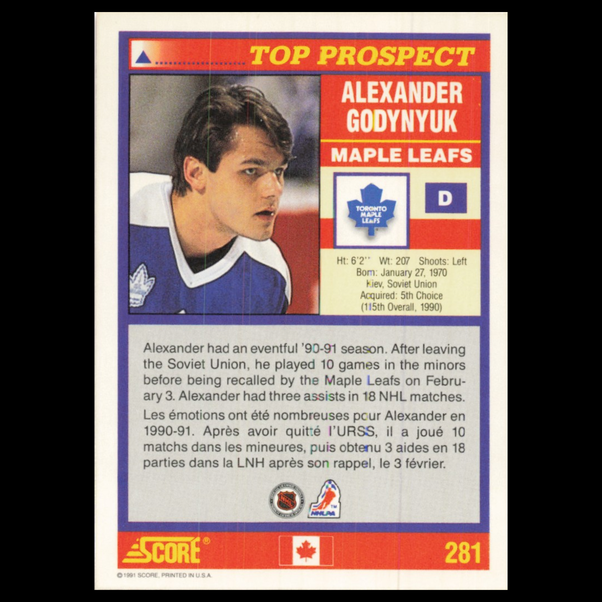 Alexander Godynyuk Rookie #281 1991 Score Canadian Toronto Maple Leafs Hockey NM