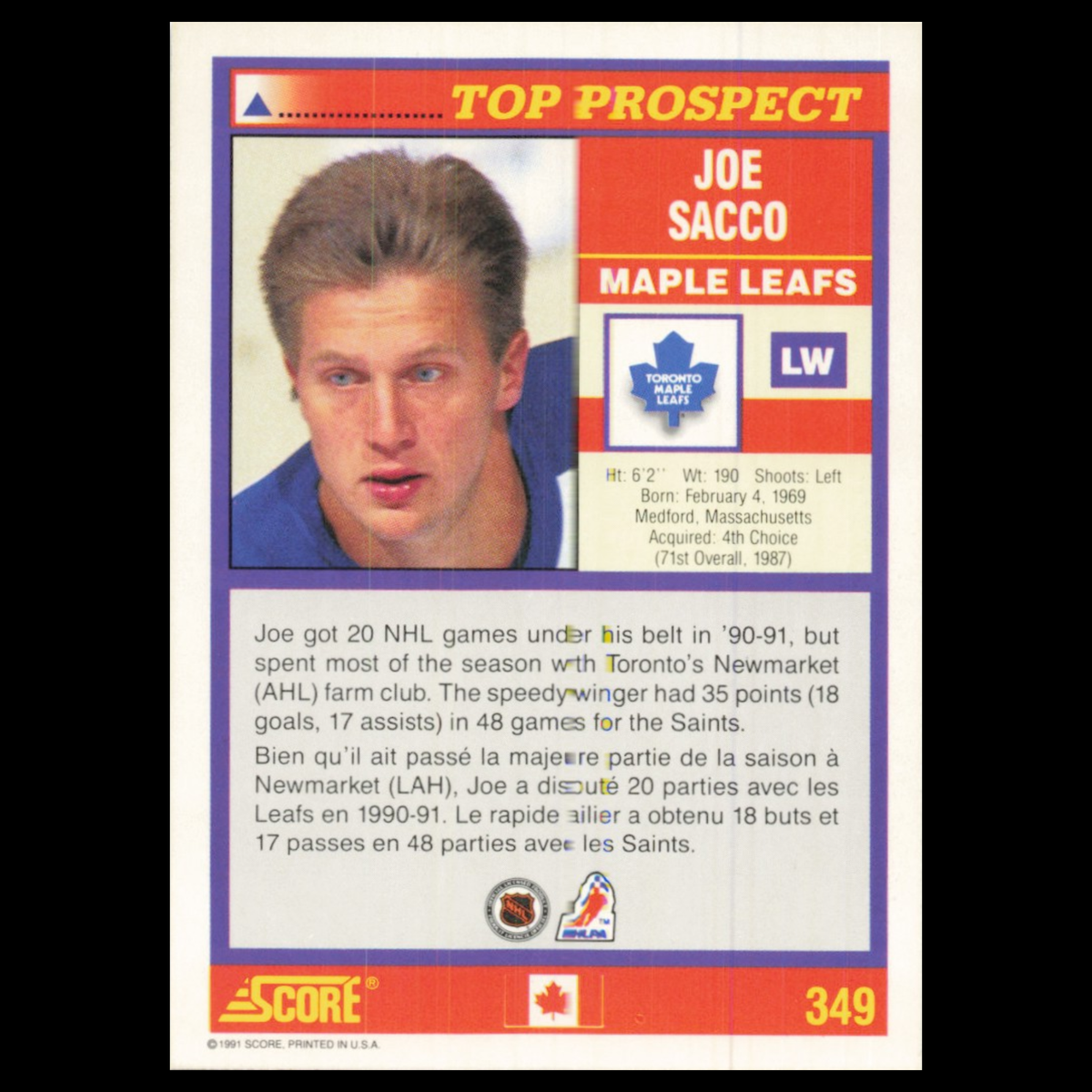 Joe Sacco Rookie #349 1991 Score Canadian Toronto Maple Leafs Hockey Card NHL NM