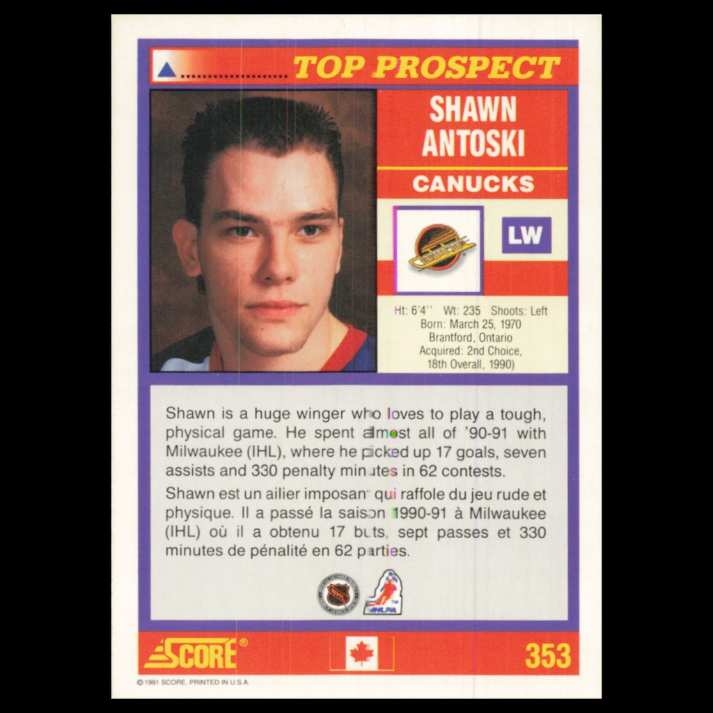 Shawn Antoski Rookie #353 1991 Score Canadian Vancouver Canucks Hockey Card NHL