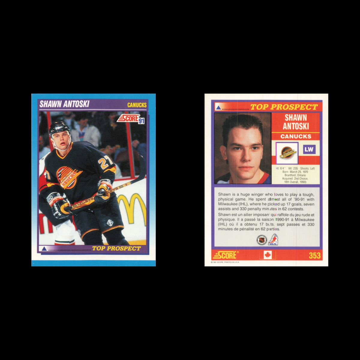 Shawn Antoski Rookie #353 1991 Score Canadian Vancouver Canucks Hockey Card NHL