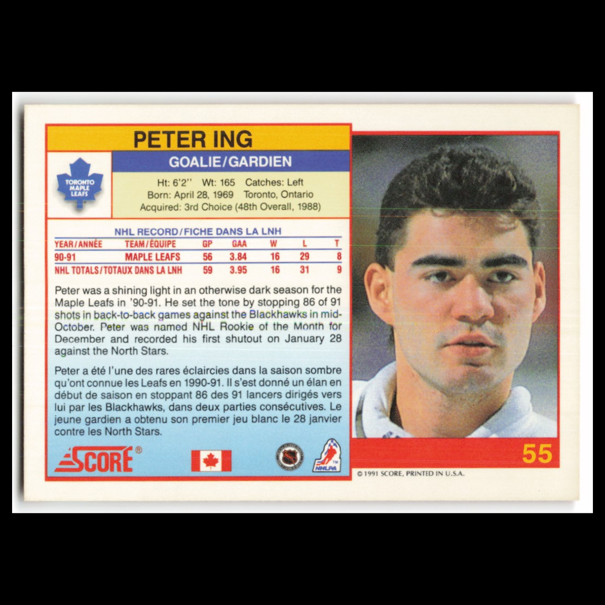 Peter Ing #55 1991 Score Canadian Toronto Maple Leafs Hockey Card NHL NM