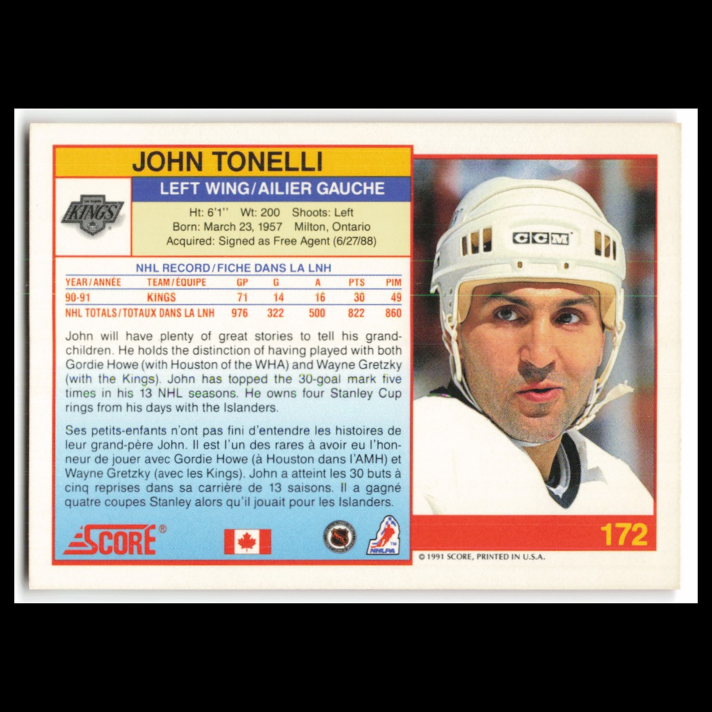 John Tonelli #172 1991 Score Canadian Los Angeles Kings Hockey Card NHL NM