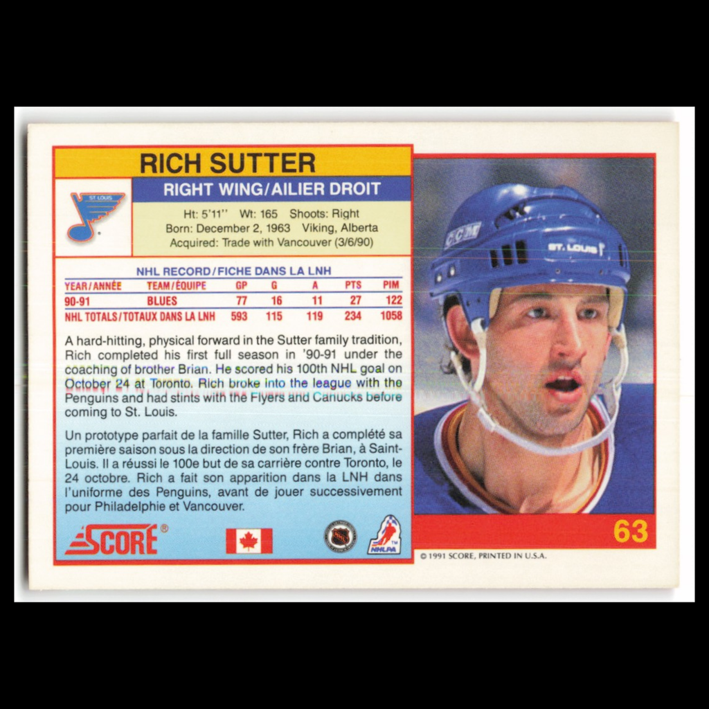 Rich Sutter #63 1991 Score Canadian St. Louis Blues Hockey Card NHL NM