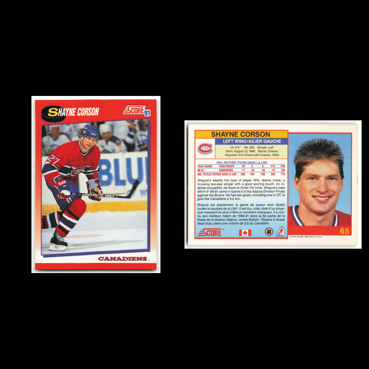 Shayne Corson #65 1991 Score Canadian Montreal Canadiens Hockey Card NHL NM