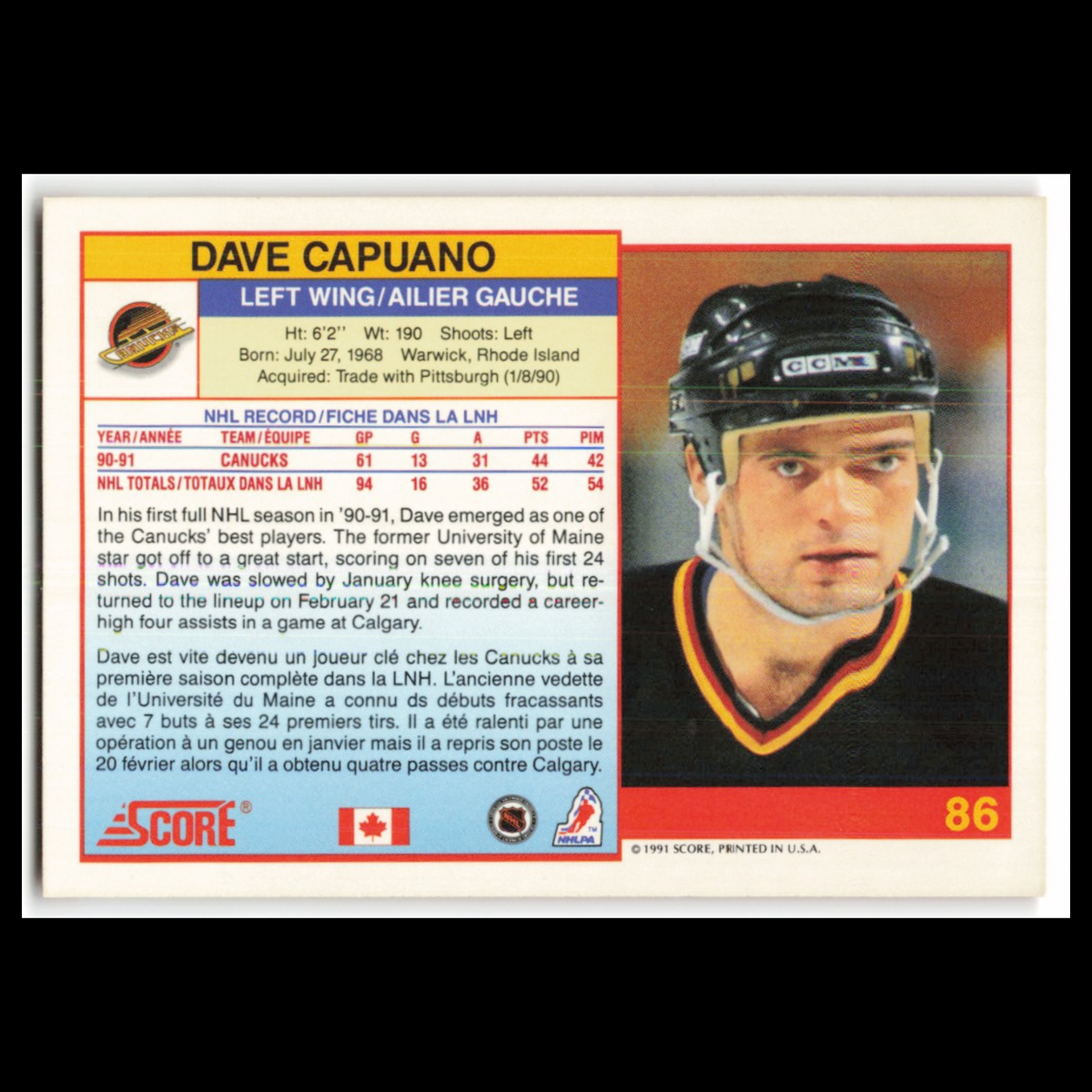 Dave Capuano #86 1991 Score Canadian Vancouver Canucks Hockey Card NHL NM