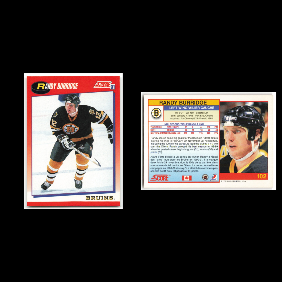 Randy Burridge #102 1991 Score Canadian Boston Bruins Hockey Card NHL NM