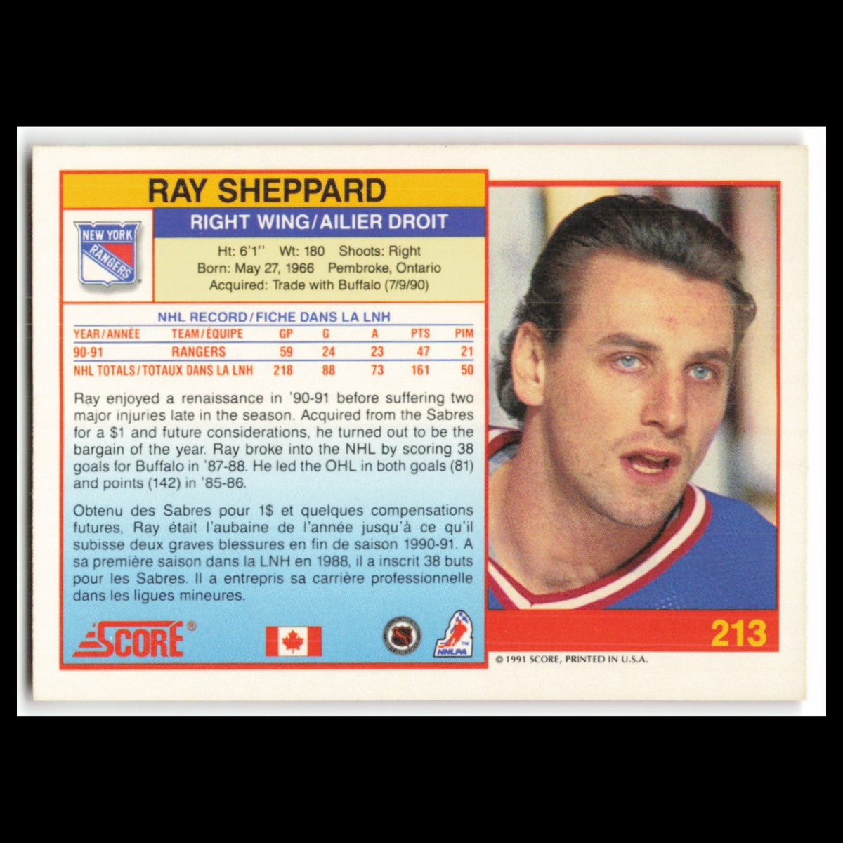 Ray Sheppard #213 1991 Score Canadian New York Rangers Hockey Card NHL NM