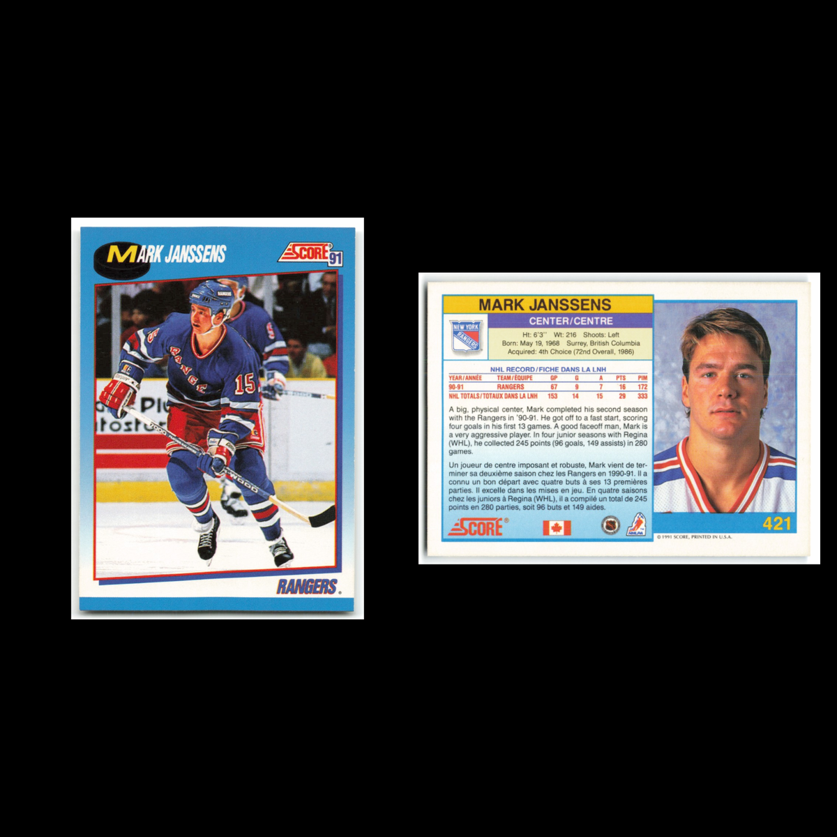 Mark Janssens #421 1991 Score Canadian New York Rangers Hockey Card NHL NM