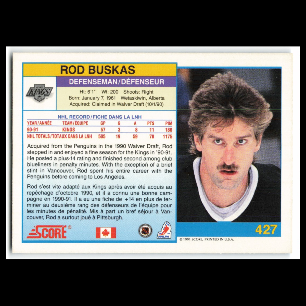 Rod Buskas #427 1991 Score Canadian Los Angeles Kings Hockey Card NHL NM
