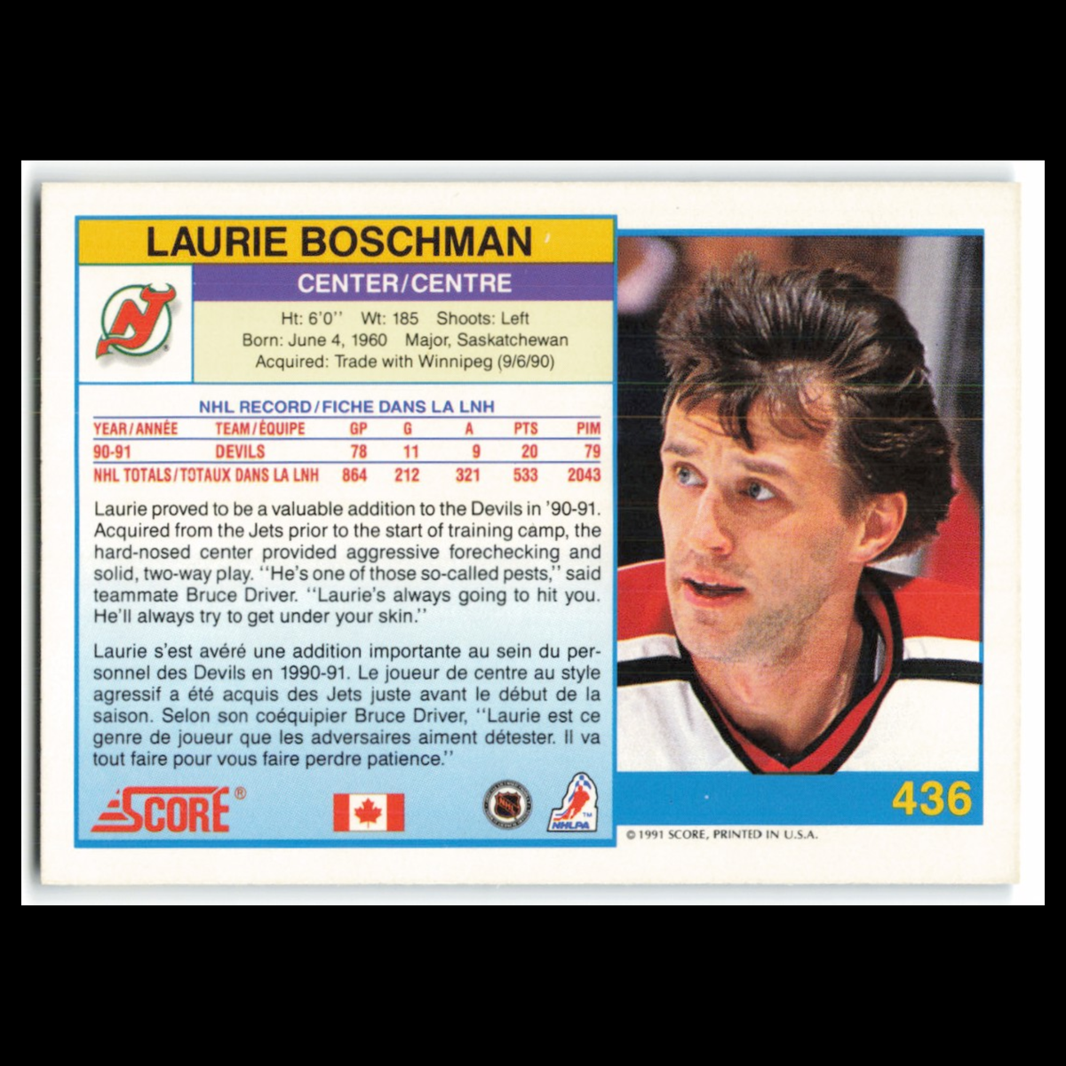 Laurie Boschman #436 1991 Score Canadian New Jersey Devils Hockey Card NHL NM