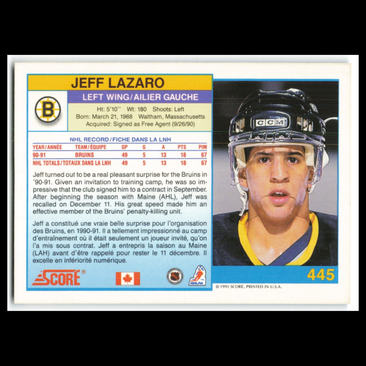 Jeff Lazaro Rookie #445 1991 Score Canadian Boston Bruins Hockey Card NHL NM