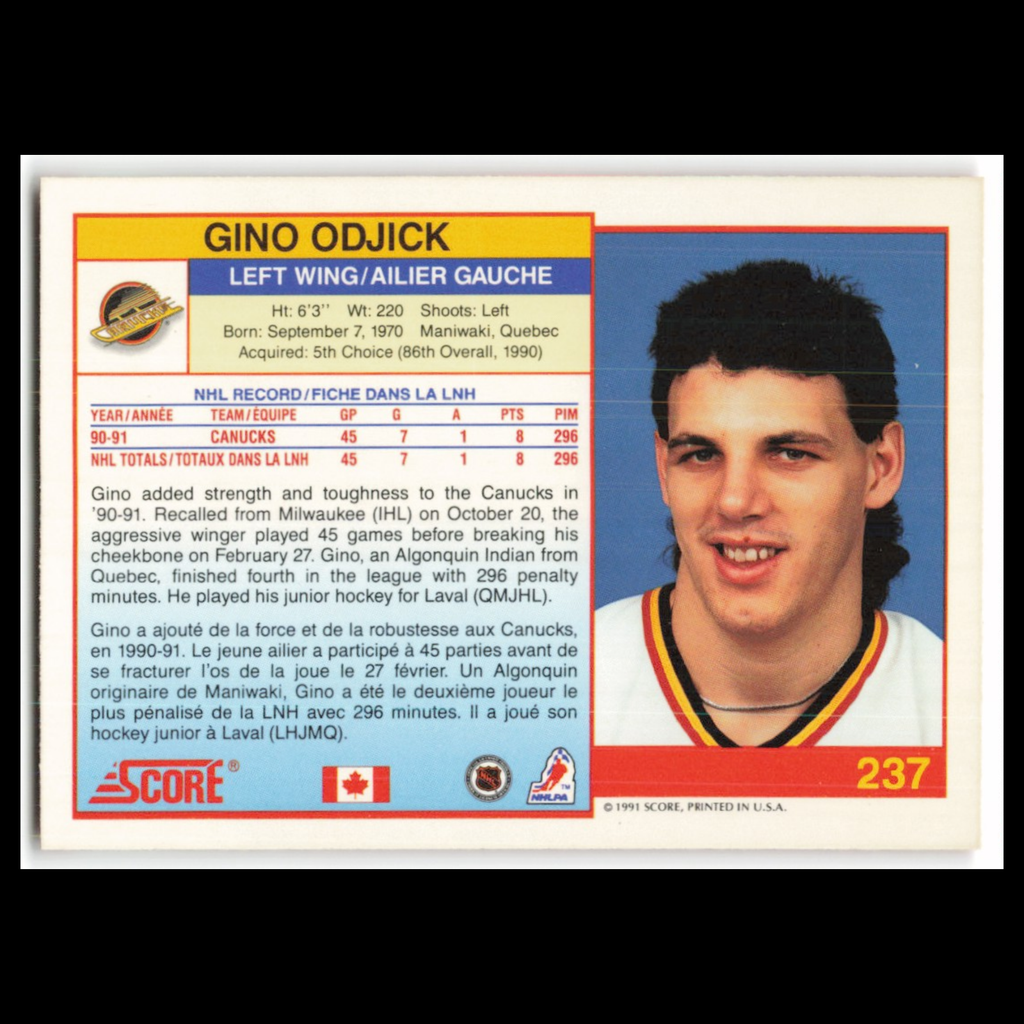 Gino Odjick #237 1991 Score Canadian Vancouver Canucks Hockey Card NHL NM