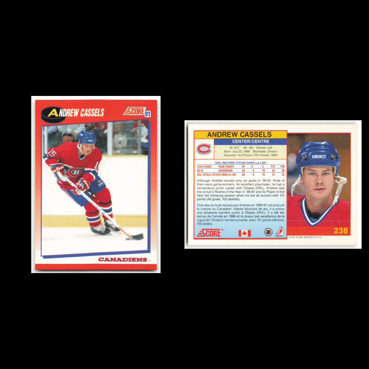 Andrew Cassels #238 1991 Score Canadian Montreal Canadiens Hockey Card NHL NM