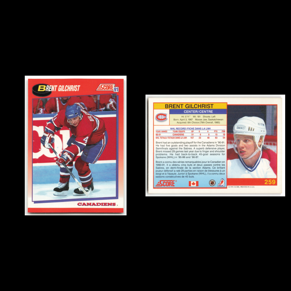 Brent Gilchrist #259 1991 Score Canadian Montreal Canadiens Hockey Card NHL NM