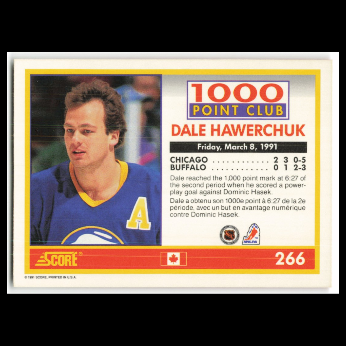 Dale Hawerchuk #266 1991 Score Canadian Buffalo Sabres Hockey Card NHL NM