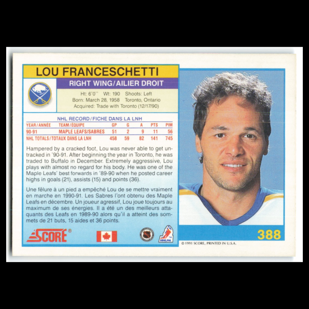 Lou Franceschetti #388 1991 Score Canadian Buffalo Sabres Hockey Card NHL NM